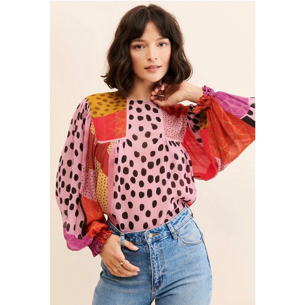 Bl-nk London Anthropologie Leopard Print Viscose Balloon Slv Top Womens 1X Retro